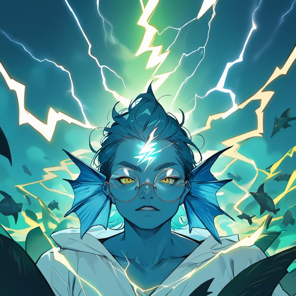 Green Energy Appearing From The Blue Fish, A Blue Fish With Lightning Bolt Shaped On Forehead And Round Glasses Casting A Magic Spell, A Surge Of Green Energy Bursting Forward From The Blue Fish헨타이 AI 포르노