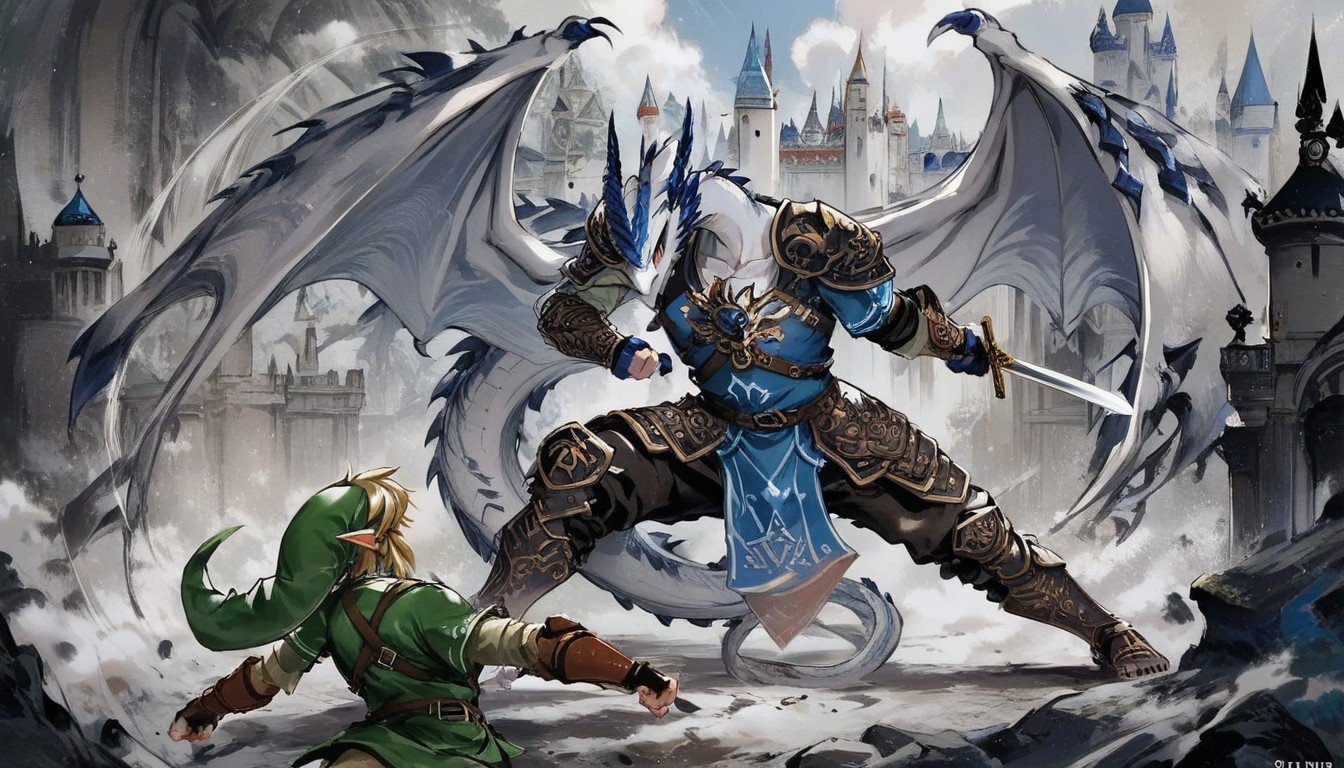 Fighting A White Dragon, Link From Zelda Dark Armor Holding Master Sword, CastleAI黄漫