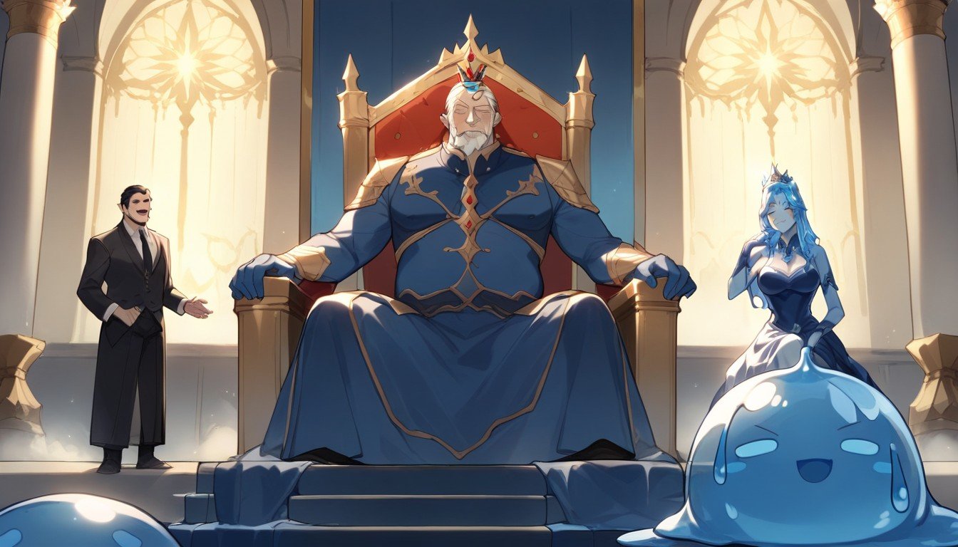 People, A Throne Room, Blue Old Slime Man Sitting On Throne Hentai AI Porn