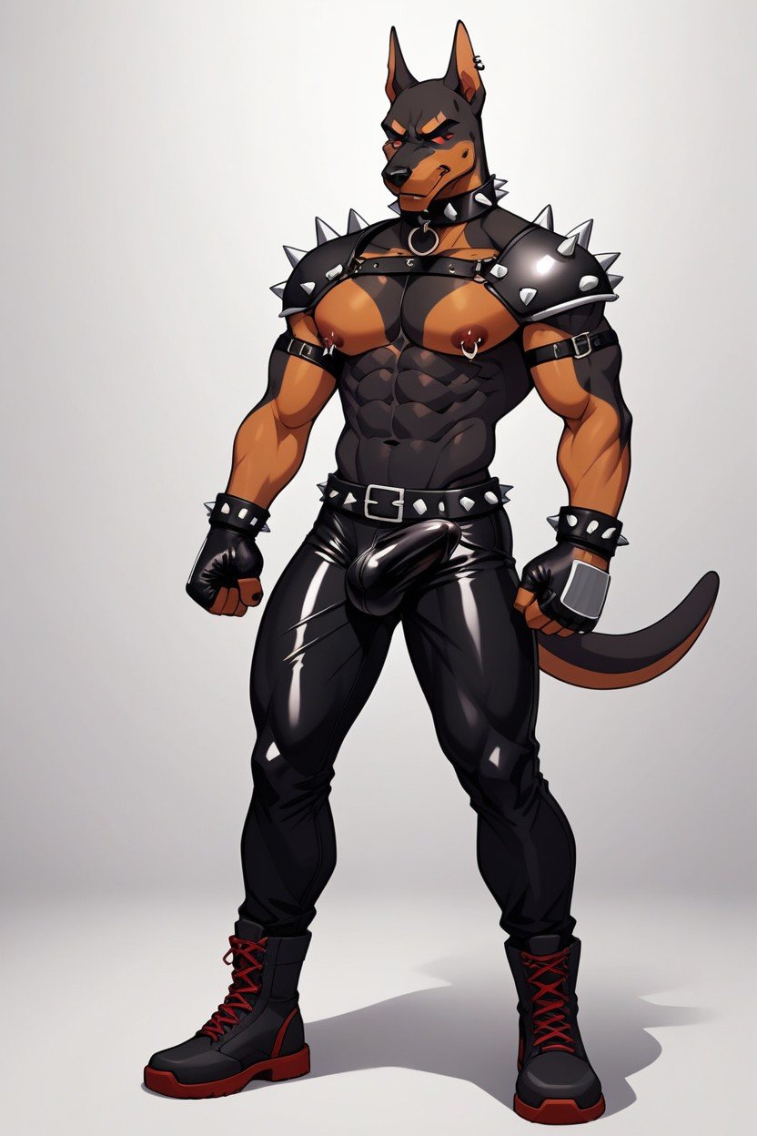 Gay Doberman, Nipple Piercing, Spiked Bracelets Furry AI Porn