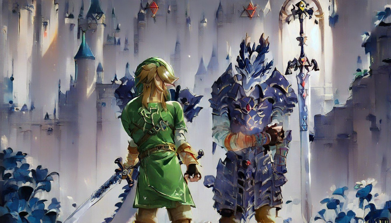 Castle, Link From Zelda Dark Armor Holding Master Sword, Standing Triumphant Over Exhausted Defeated White DragonAI黃漫