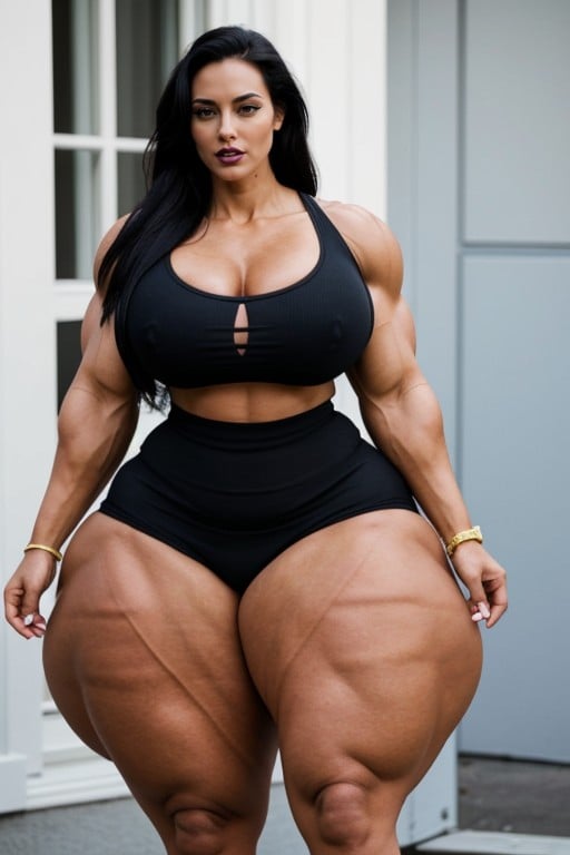 Muscular Striated Thighs, Breasts Bigger Than Torso, Extremely TallニューハーフAIポルノ