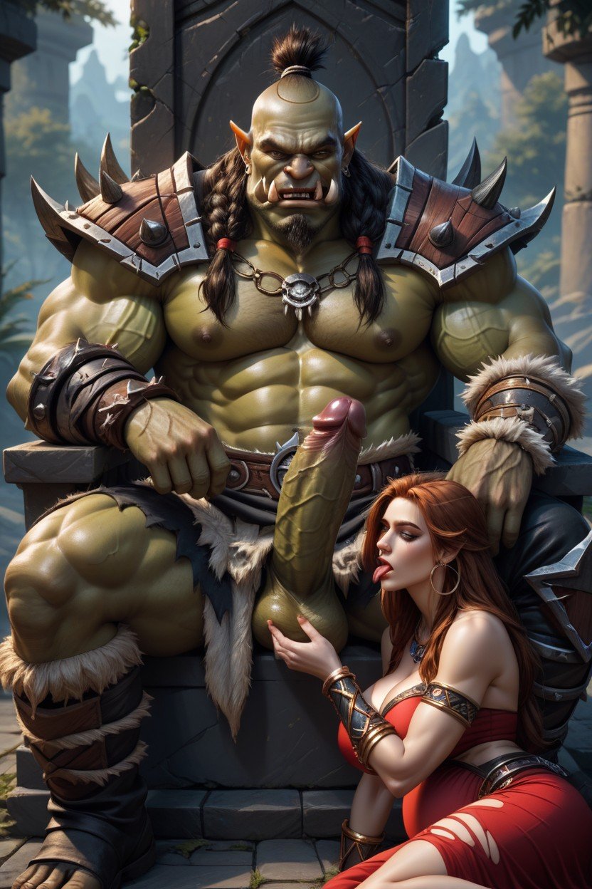 Massively Muscular Garrosh Hellscream From World Of Warcraft, Sitting On A Stone Throne Surrounded By A Harem Of Beautiful Super Thick Pregnant Women Worshipping And Licking His Monstrous Cock, Hoop Nose RingニューハーフAIポルノ