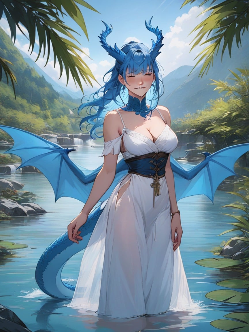 Biting Lip, Blue Dragon Horns, Blue Dragon Wings Furry AI Porn