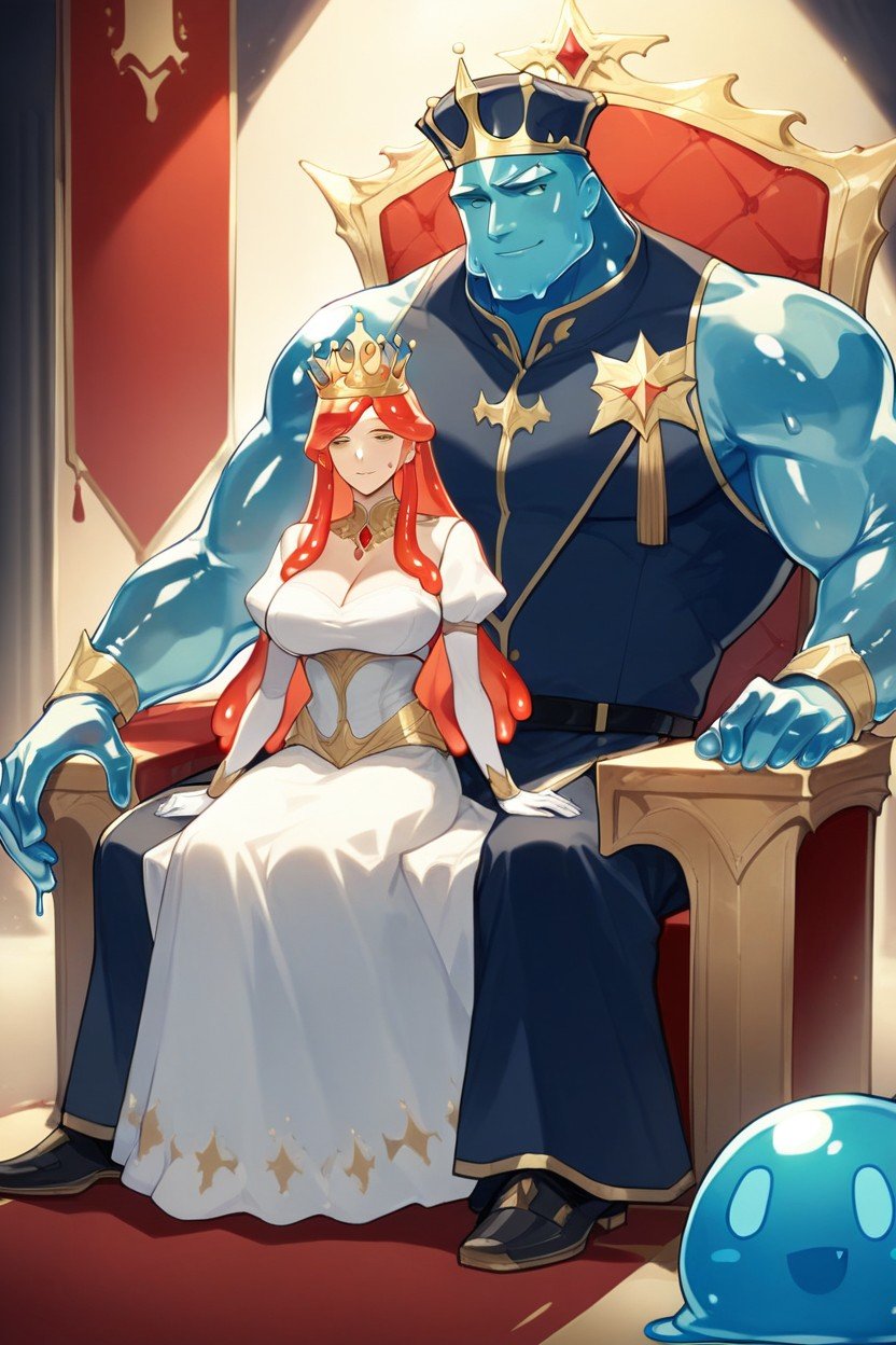 18+, 双人图, A Slime Man Sitting On A Throne Wearing A Crown And King Insignia And Slime Princess Sitting On His Knee And Wearing Princess Dress And A DiademAI黄漫