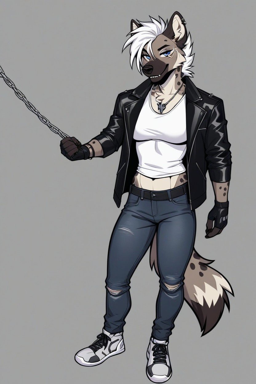 Black Leather Jacket In Punk Style, Cyberpunk, Ojos AzulesFurry IA