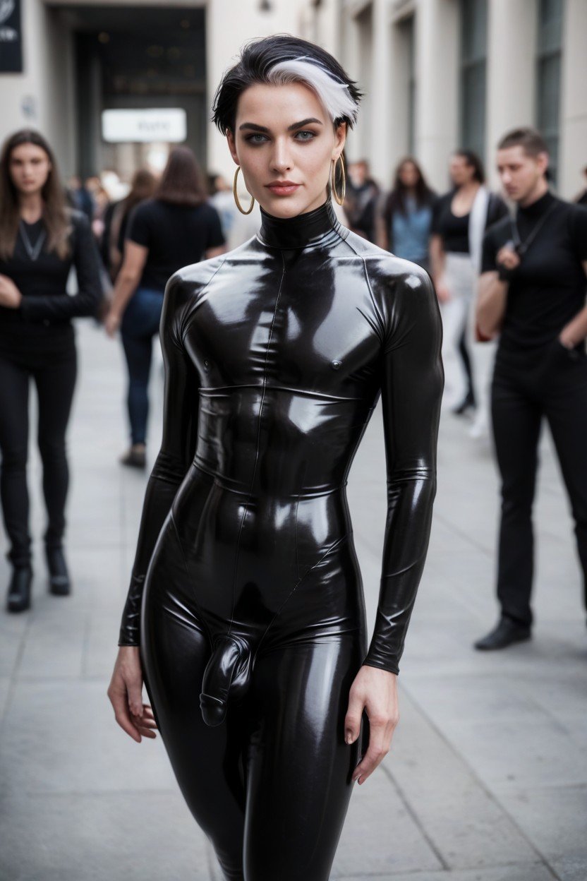 Pequeno, Androgyne, Tight Black Catsuit Pornografia gay com IA