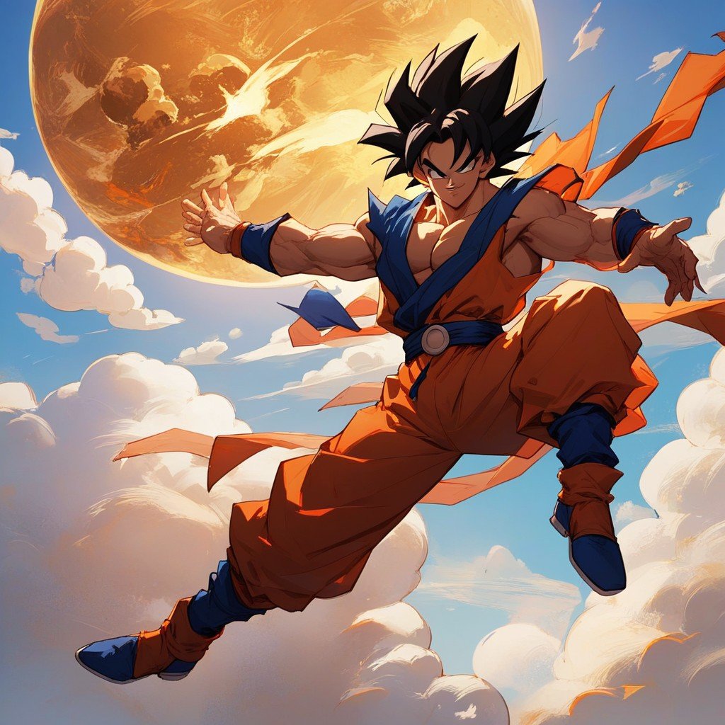 Goku From Dragon Ball Standing On His Flying Cloud, Original Goku Appearance, Original Gokus Flying Cloud From Dragon Ball쉬메일 AI 포르노