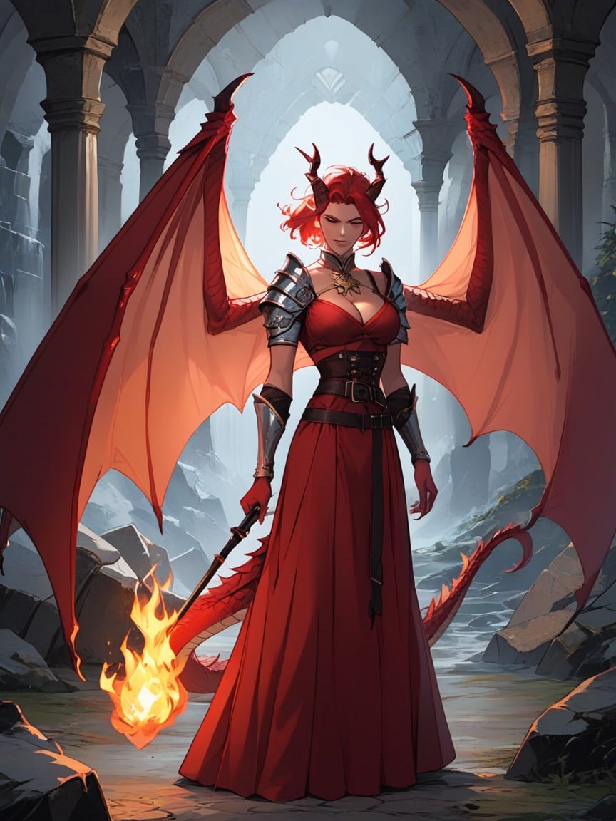 Fire Dragon, Big Red Dragon Wings, Caverna Pornografia peluda com IA