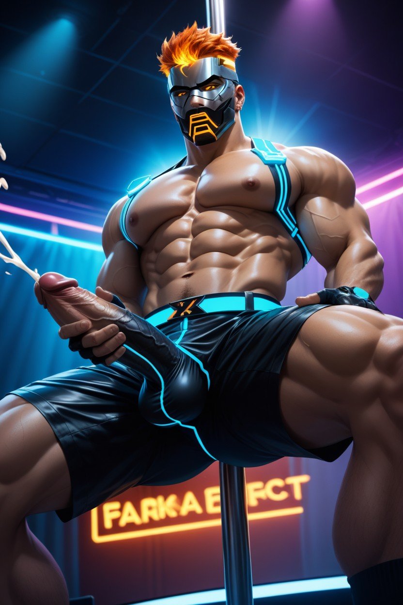 18+, Glowing Neon Orange Fiery Robotic Harness, Club De StripteasePorno gay IA