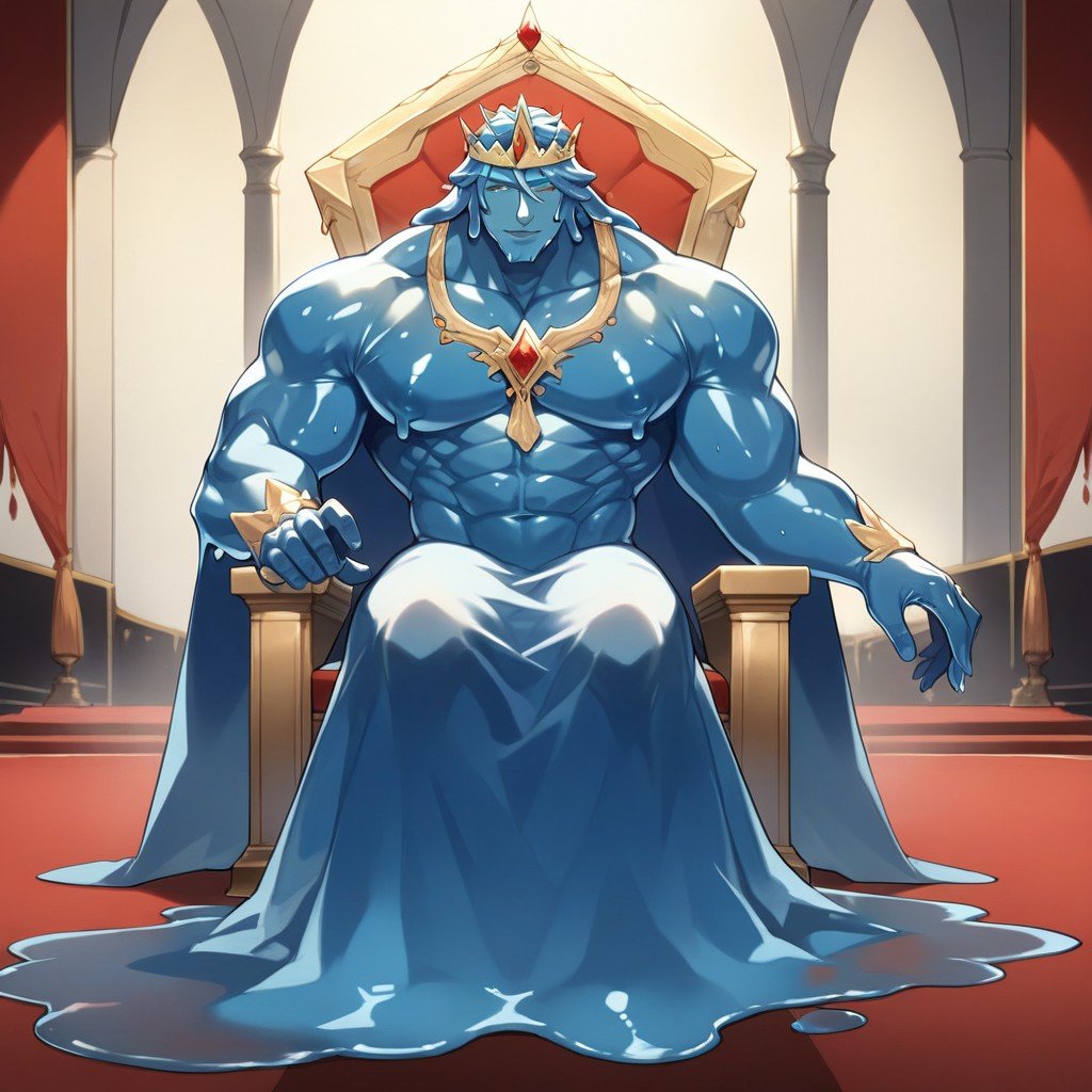 18+, 雙人圖, Blue Male Slime With A Crown Sitting On Throne And Slime Princess Standing Beside The Throne Wearing Princess Dress And A DiademAI黃漫