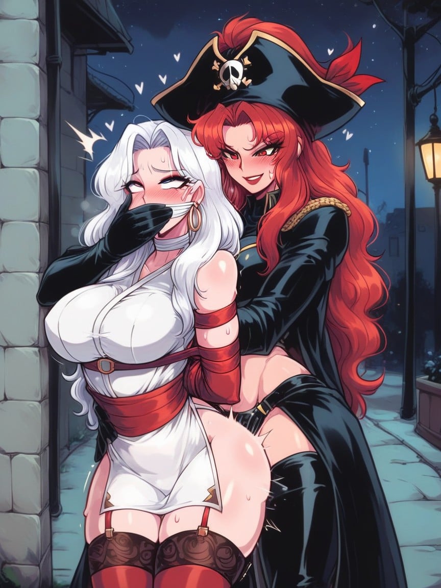 Moaning Sound Effect, Redhaired Woman Wearing Pirate Hat And Pirate Outfit And Red Lace Stripper Lingerie And Red Stockings Fucking Tapegagged Blonde Woman With Arms Tied Behind Back And Rolling Eyes, Lesbian Strap OnヘンタイAIポルノ