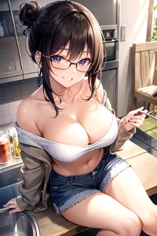 Detailed Background Of Kitchen, Off Shoulder Sweater, Milf Hentai AI Porn