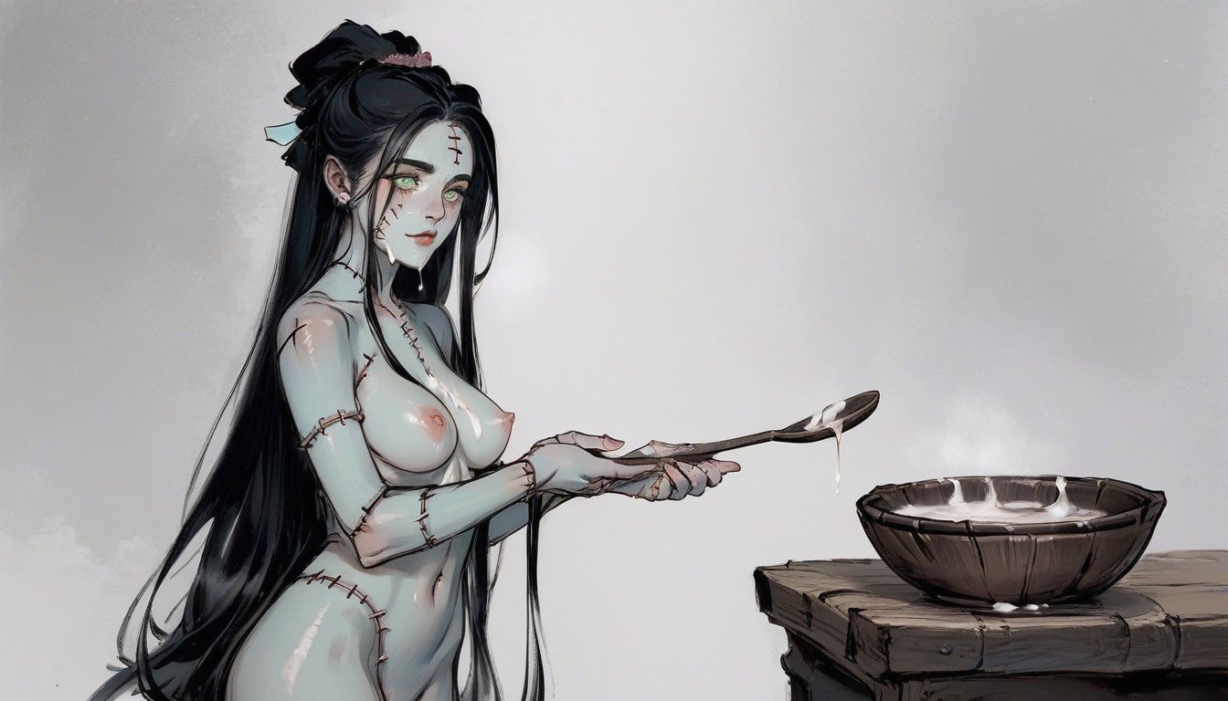 Stitches On Body, Zombie Woman With Long Black Hair And Green Eyes, 18+AI黃漫