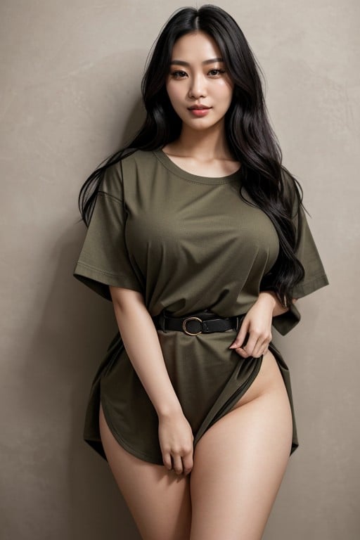 - Korean Women - Curvy Voluptuous - Black Long Hair - Oversize T-shirt - Belt In The T-shirt - Bottomless - Naked - Pussy - Hairy Pussy - Boots - In The Mossy Wall - Overall Views - Standing - Front View, Oversized T-shirt, Korean Hentai AI Porn