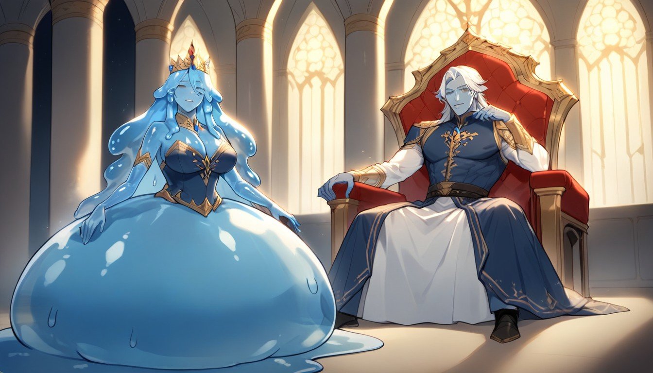 People, A Blue Male Slime With Blue Skin And A Slime Woman, Blue Male Slime With Blue Skin Wearing A Crown And Sitting On Throne And A Slime Princess Standing Beside The Throne Wearing Princess Dress And A DiademPorno IA Hentai