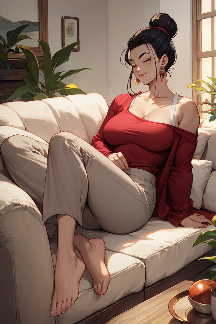 Perfect Feet, Casual Clothes, Lounging On Living Room CouchAI黃漫