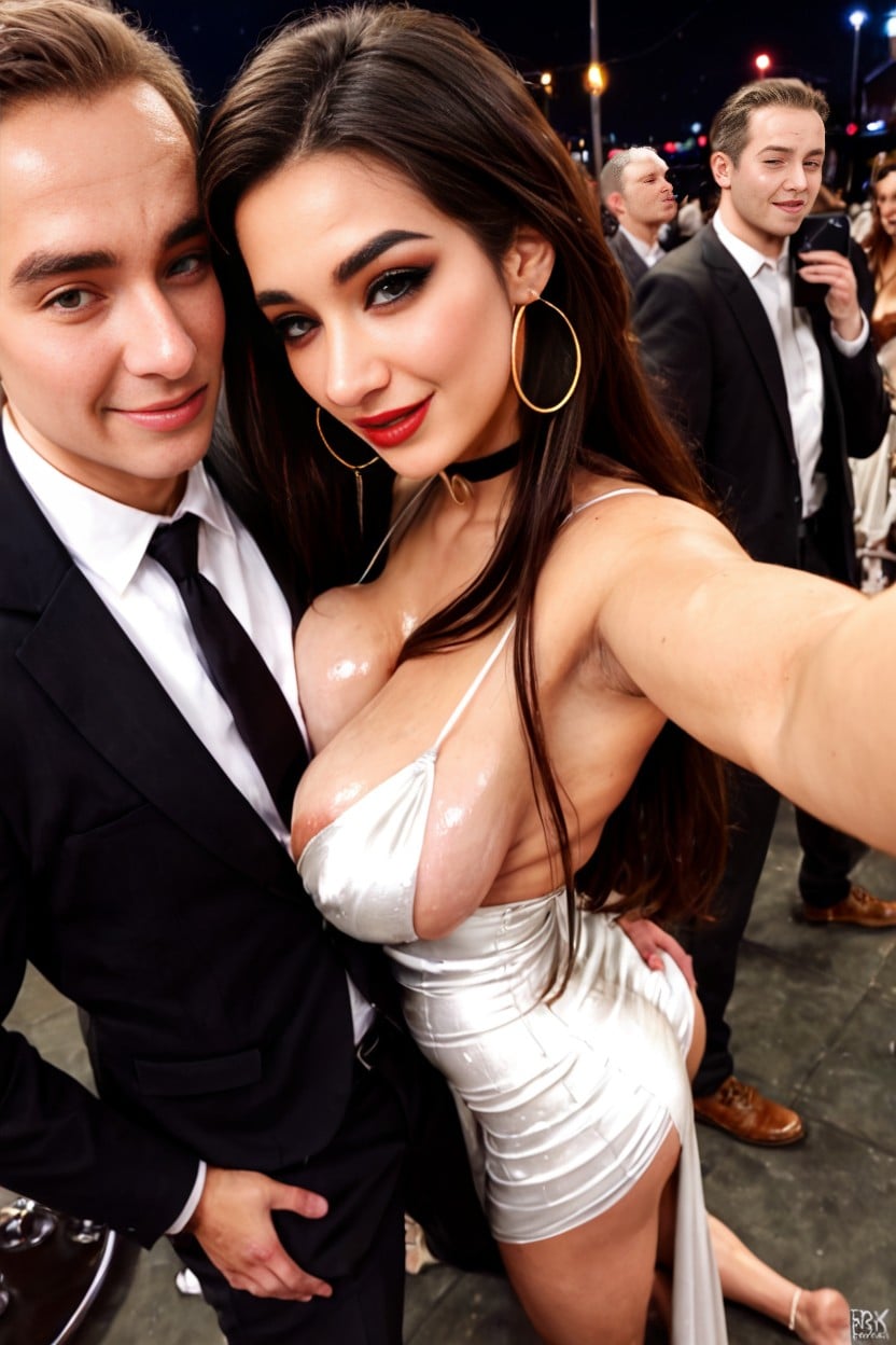 Natural Breast, Deep Cleavage, Many People Around AI Porn