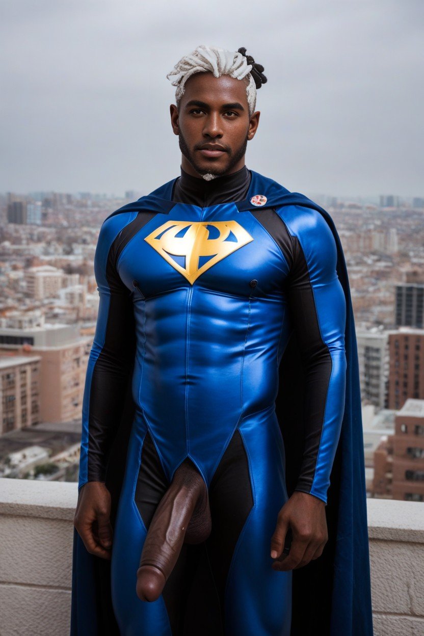 Gold Skin Tight Uniform, Tornado In Background, Super-hérosPorno IA Gay