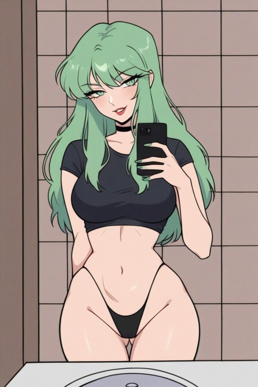 Smiling, Green Hair, Horny Facial Expression Hentai AI Porn