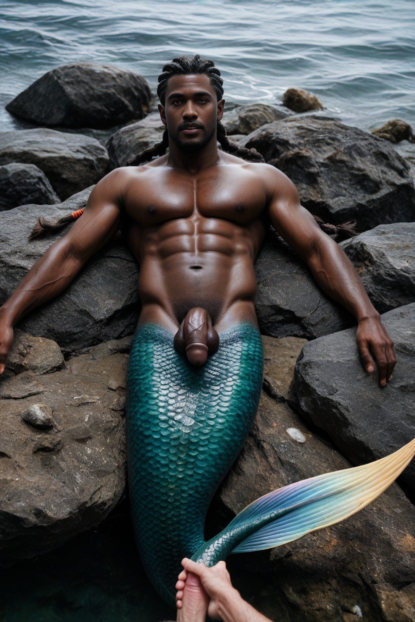 Merman, Wide Shoulders, Lying On Rock Pornografia gay com IA