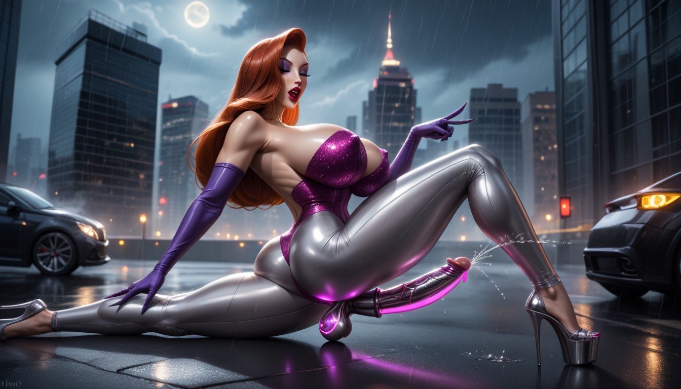 From Neck To Toe Metallic Jessica Rabbit, She Touches Tip Of Her Robotic Penis, Her Erect Metallic Robotic Penis Is Pointing Up ニューハーフAIポルノ