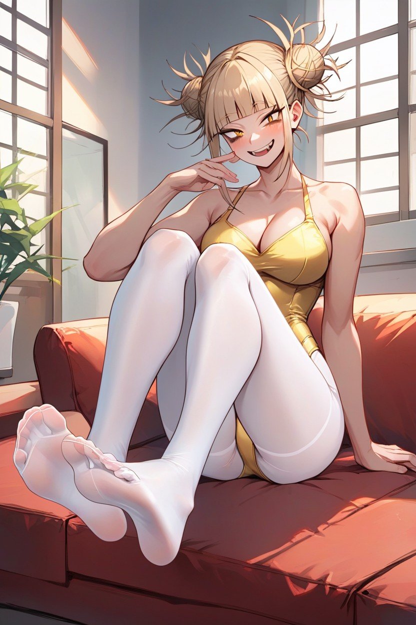 Pretty Feet And Legs, Show Soles Of Opaque White Pantyhose Feet, Naughty Flirtatious Smile Hentai IA pornografia