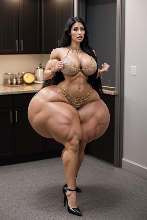 Hyper Gigantic Massive Muscles Woman, Glossy Black Lipstick, Thick Curvy Muscular Woman Hentai IA pornografia