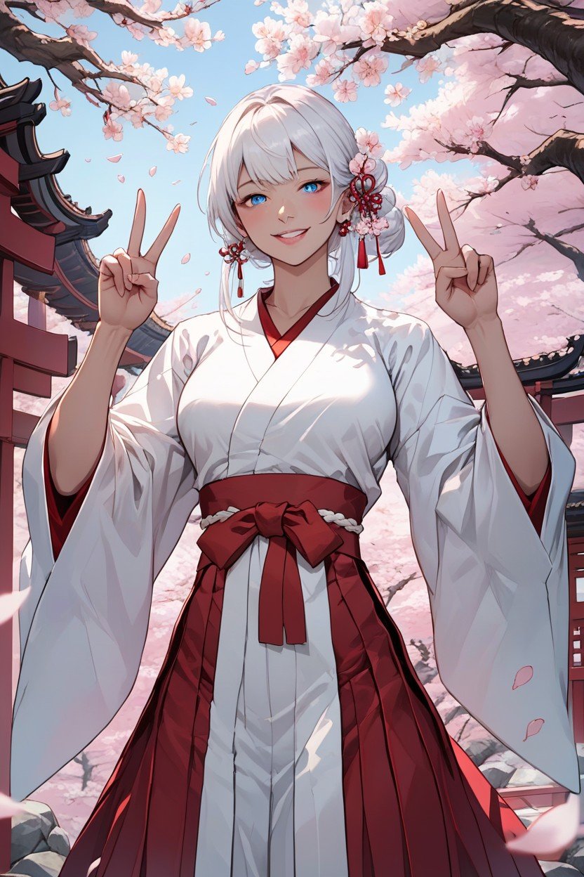 White Kimono, Cherry Blossoms, Double V Hentai AI Porn