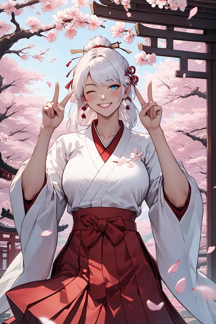 Double V, White Hair, Looking At ViewerHentai IA