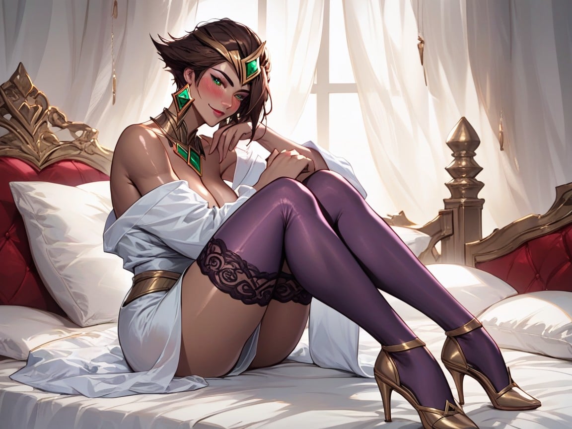 Earings And Tiara With Green Emerald, Sitting On Bed, Very Short Hair Hentai AI Porn