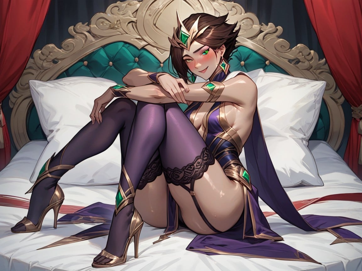 Arched Back, Detailed Face, Earings And Tiara With Green EmeraldHentai IA