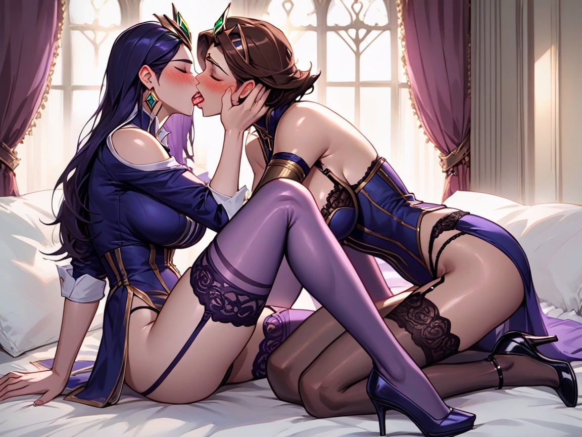 Lesbian Kissing, Earings And Tiara With Green Emerald, Horny Hentai AI Porn