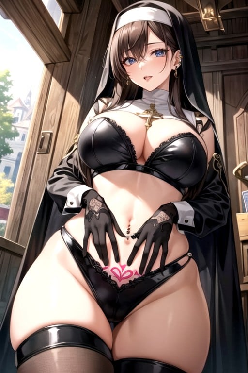 18+, Very Seductive Beautiful Nun With Perfect Figure Wearing Leather Harness Showing Her Niple Piercings, And Crotch TattooHentai IA