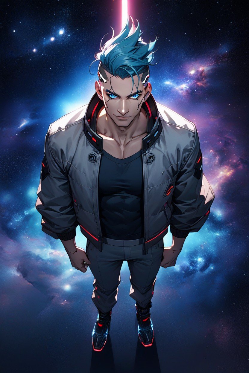 Cosmic Background, 咧嘴笑, Cropped Blue Cyberpunk Jacket Neon LitAI黄漫