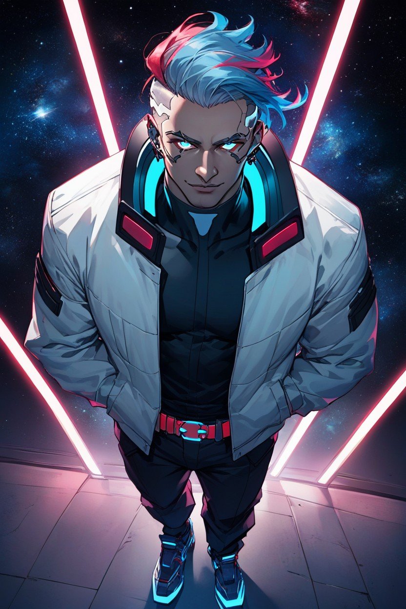 Silver Color Cyberpunk Jacket With Red Neon Light, Sourire, Red Neon BeltPorno IA Hentai