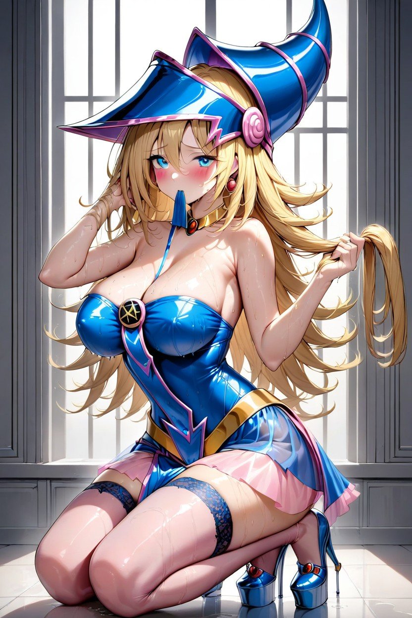 Dark Magician Woman Hat, Blue Platform Heels, Wet Transparent Clothing Hentai AI Porn