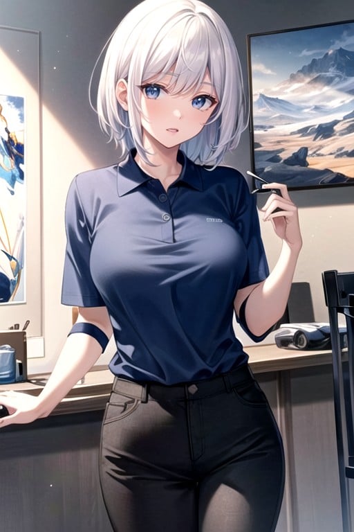 Blue Polo Shirt, Black Pants, 18+アジアのAIポルノ