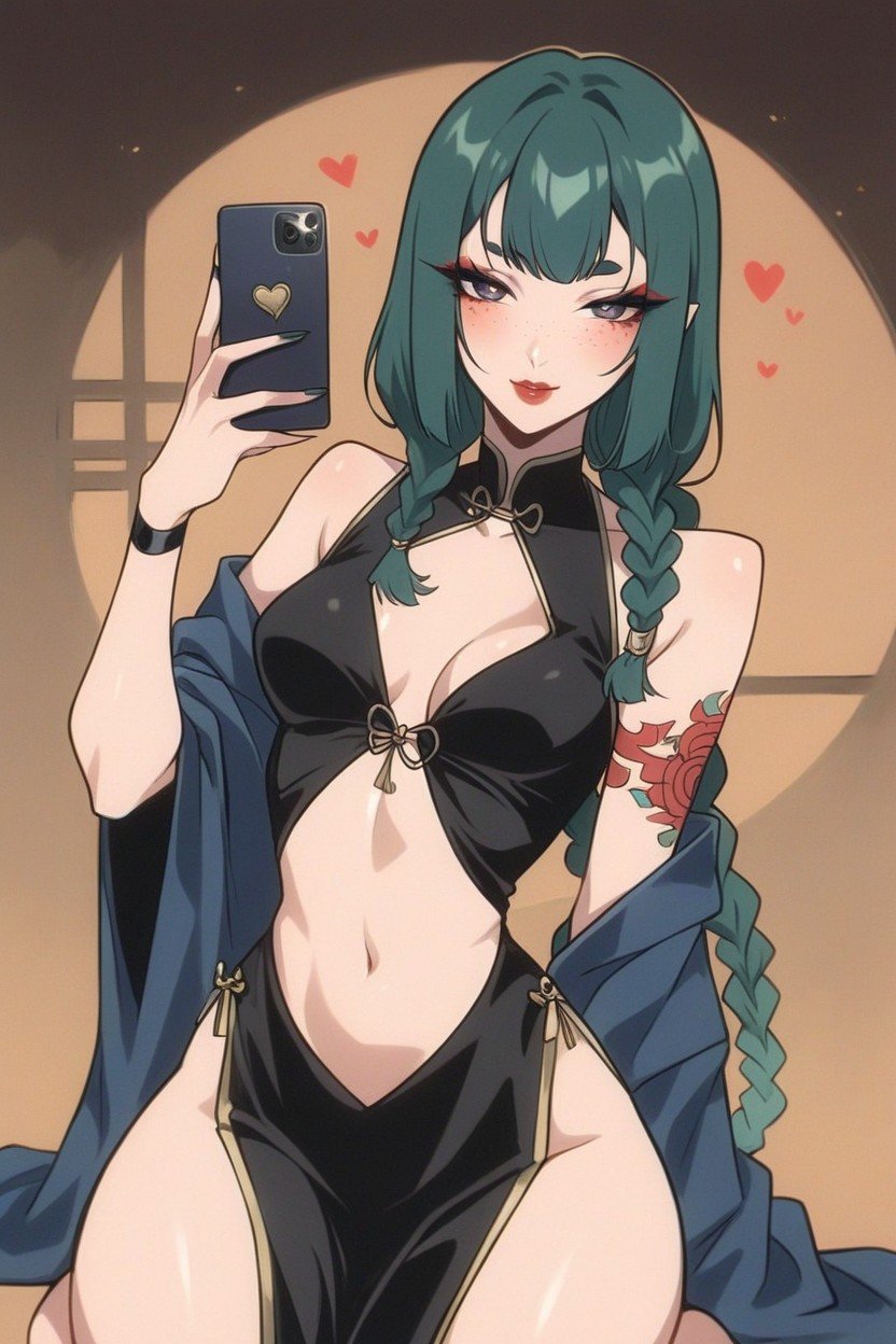 De Rodillas, Dark Green Hair, Culo RedondeadoHentai IA