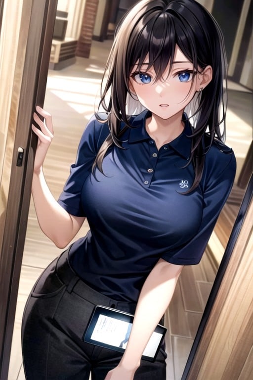 Cleavage, Blue Polo Shirt, 18+ Hentai IA pornografia