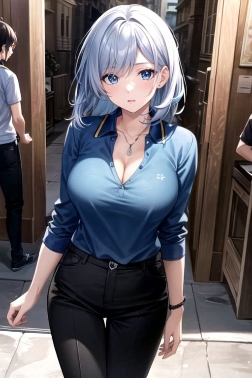 Blue Polo Shirt, 18+, Black Trousers Asian AI Porn