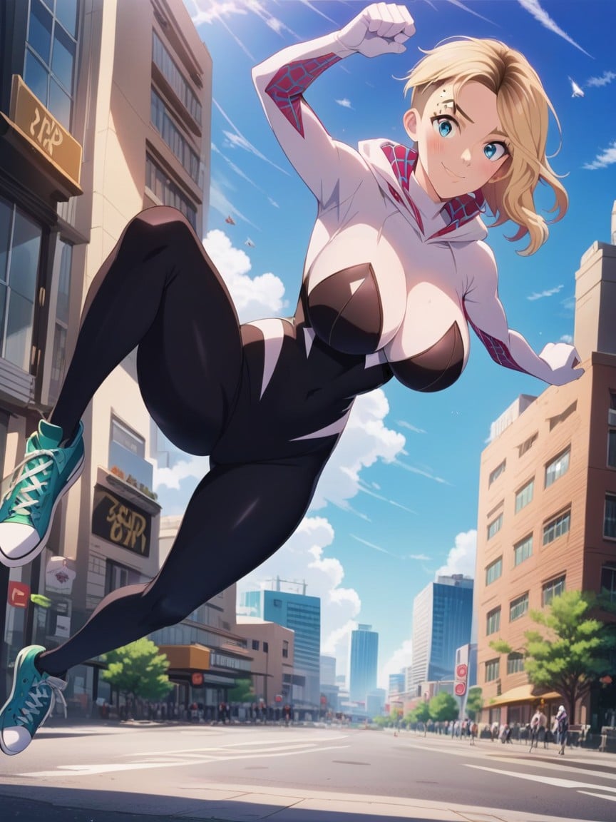 Spider Gweninto The Spider Verse, Huge Breasts, Skyscrapers Хентай AI порно