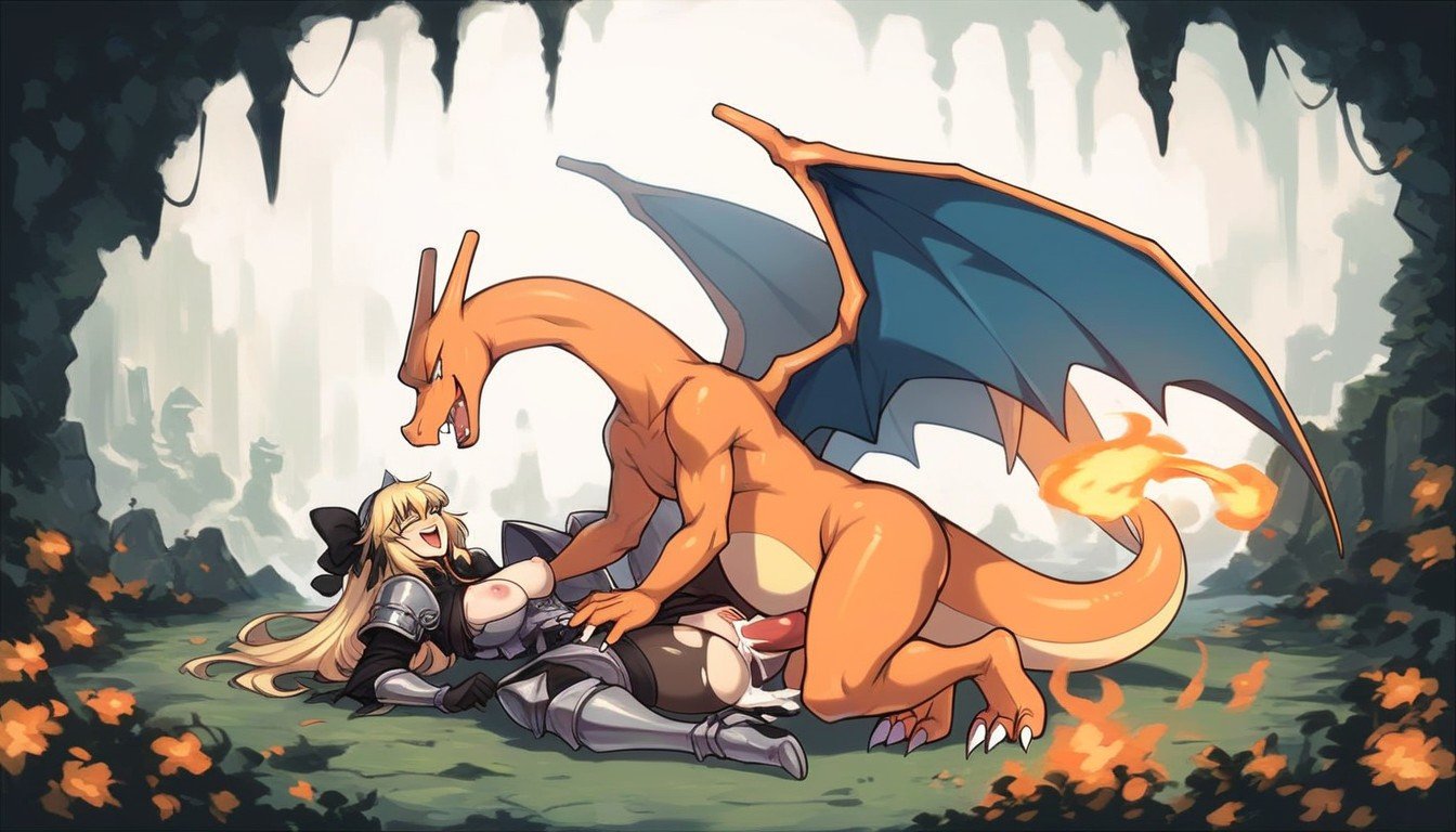 Charizard From Pokemon, Happy Charizard Is Knotting Jeanne Darc, Jeanne Darc From Fate Charizard Male In A Cave Filled With Charizard Jeanne Darc Is Sitting In Charizard’s LapPorno IA Hentai