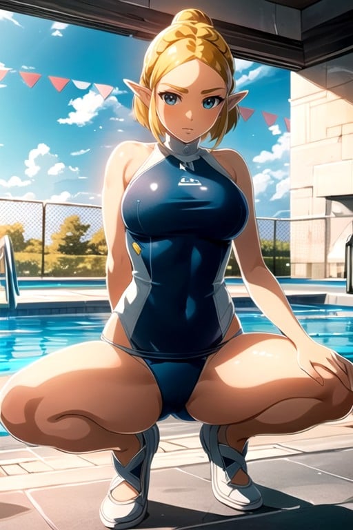 School Swimsuit, プール, しゃがむアジアのAIポルノ