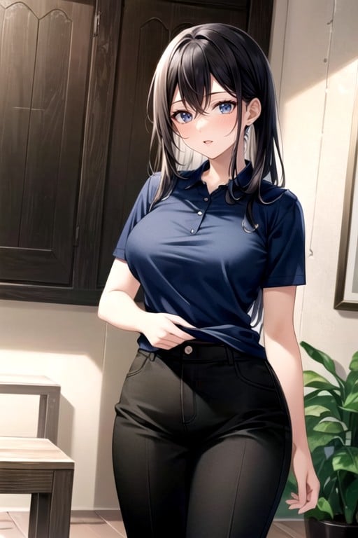 Cleavage, One Woman, Blue Polo Shirt OutPorno IA Hentai