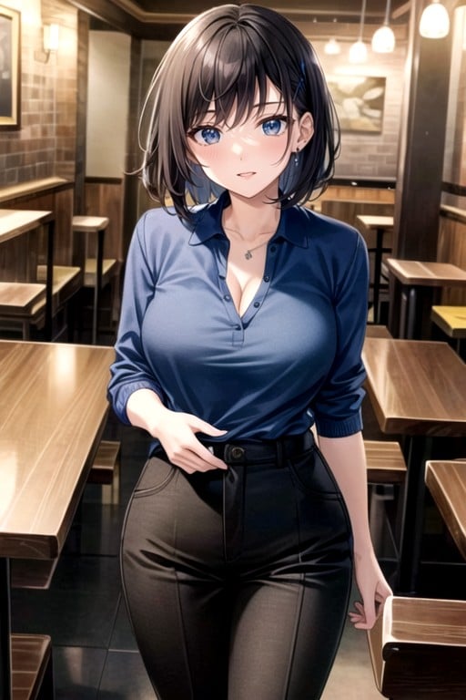 Blue Polo Shirt Out, Restaurant, One WomanPorno gay IA