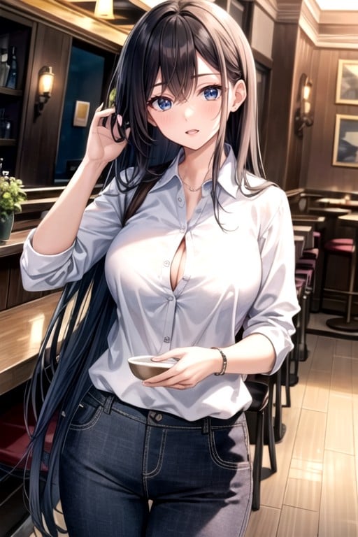 Blue Buttonless Polo Shirt Out, One Woman, Black Trousers Hentai IA pornografia