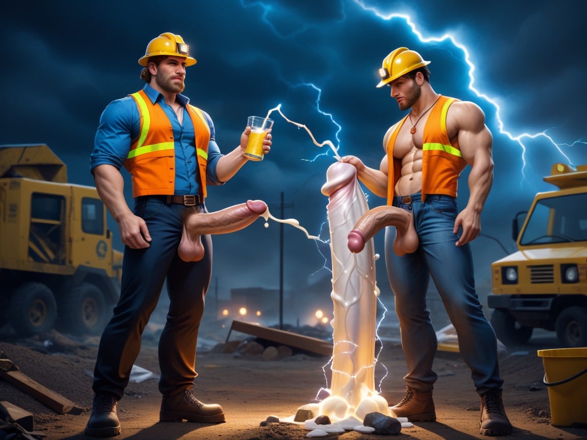 Fit Lean Bodies, Wearing Hard Hat, Night AI Gay Porn