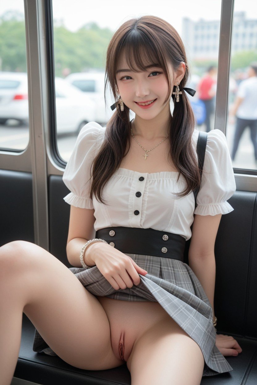 Wearing Gray Plaid Pencil Skirt, Korean Idol Face, Shaved Pussy Pornografia asiática com IA