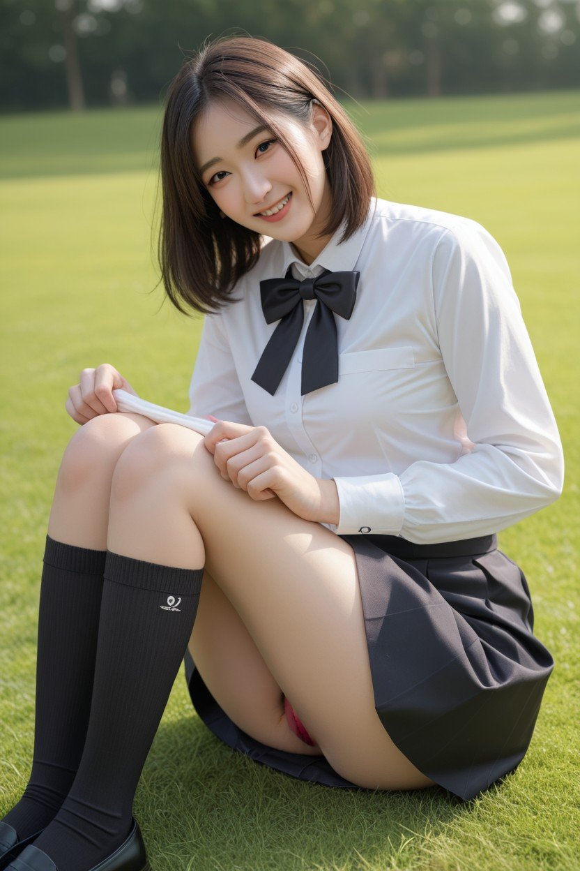 Lifting Skirt With Her Hands, Sitting On Floor, GrassPorno asiático IA